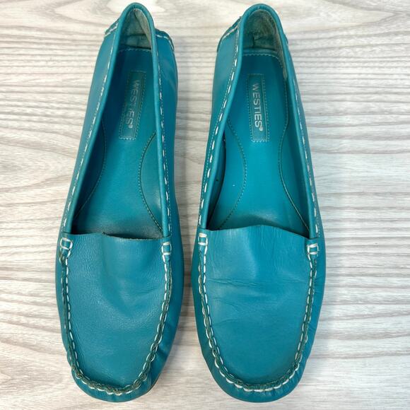 Westies Vtg Loafer Womens 8 Teal Leather Flat Slip On Round Toe White Stitching - Picture 8 of 11